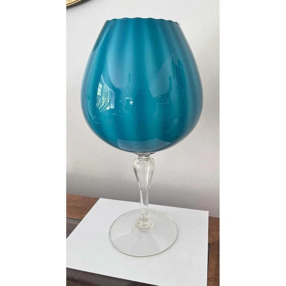 Empoli 1960s Glass Pedestal Vase Peacock Blue LARGE 16